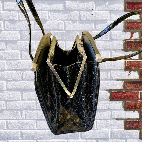 Granada USA Vintage 50's Black Patent Leather Handbag CROC PRINT *flaw - Picture 2 of 15